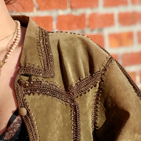 Vintage Olive Green Cropped Suede Leather Jacket - Picture 5 of 8